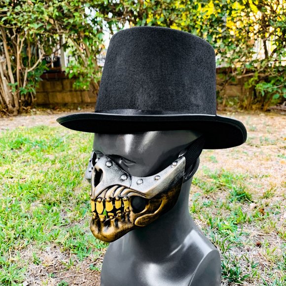 Gold Steampunk Mouth Skull Mask with Black TOP Hat Halloween Cosplay Costume - Picture 3 of 3